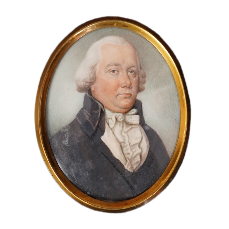 Thomas Hazlehurst (English, 1740-1821), Miniature portrait of a gentleman wearing a powdered wig, black coat and white stock, watercolour on ivory, 8.5 x 6.5cm. CITES submission reference YXCNGZD8